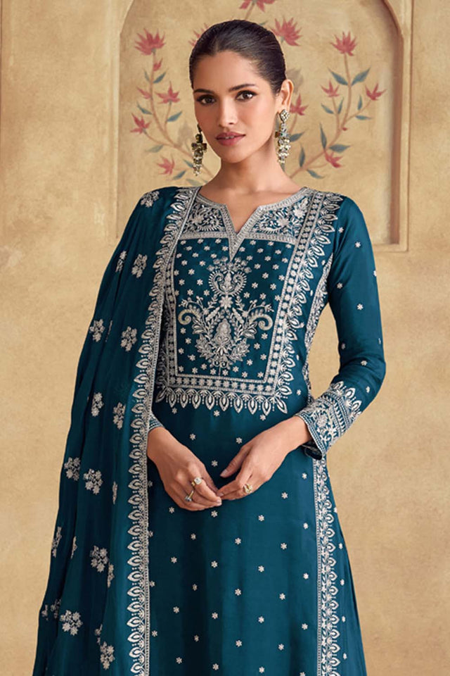 Blue Embroidered Georgette Palazzo Suit Set