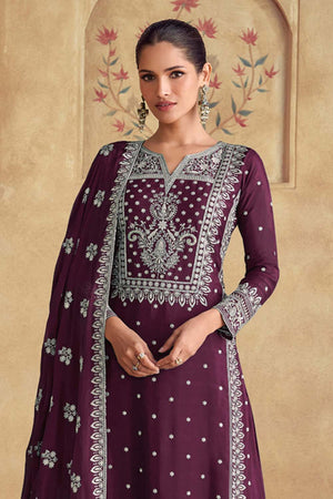 Red Embroidered Georgette Palazzo Suit Set