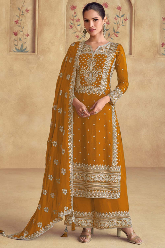 mustard Embroidered Georgette Palazzo Suit Set