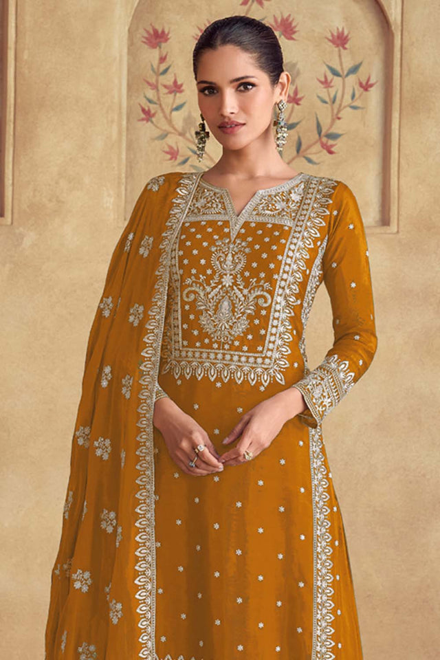 mustard Embroidered Georgette Palazzo Suit Set