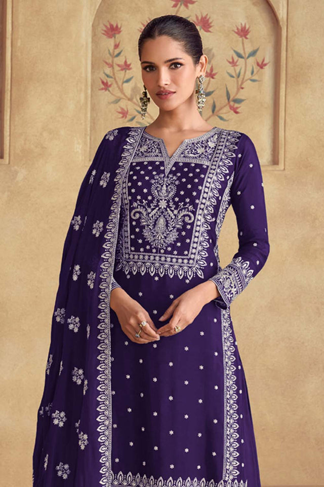 Violet Embroidered Georgette Palazzo Suit Set