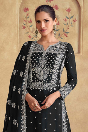 Black Embroidered Georgette Palazzo Suit Set