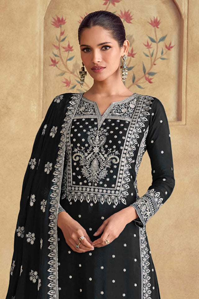 Black Embroidered Georgette Palazzo Suit Set