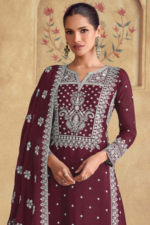 Red Embroidered Georgette Palazzo Suit Set