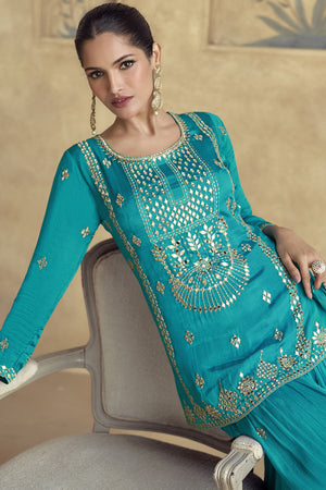 Sky Blue Sequin with Embroidered Silk Sharara Suit Set