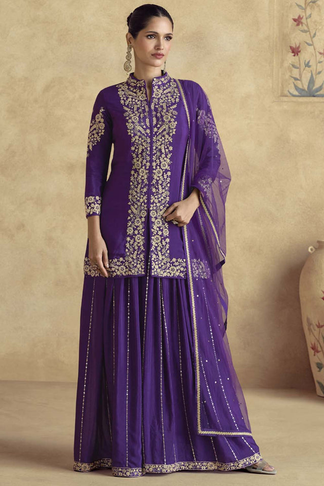 Violet Sequin with Embroidered Art Silk Sharara Suit Set