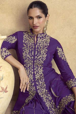 Violet Sequin with Embroidered Art Silk Sharara Suit Set