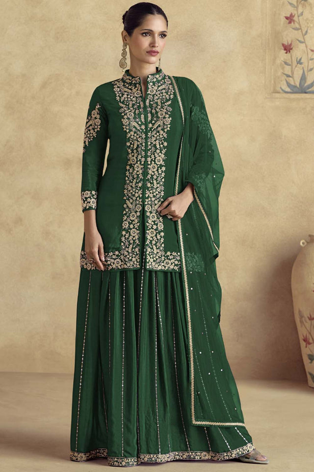 Dark Green Sequin with Embroidered Art Silk Sharara Suit Set