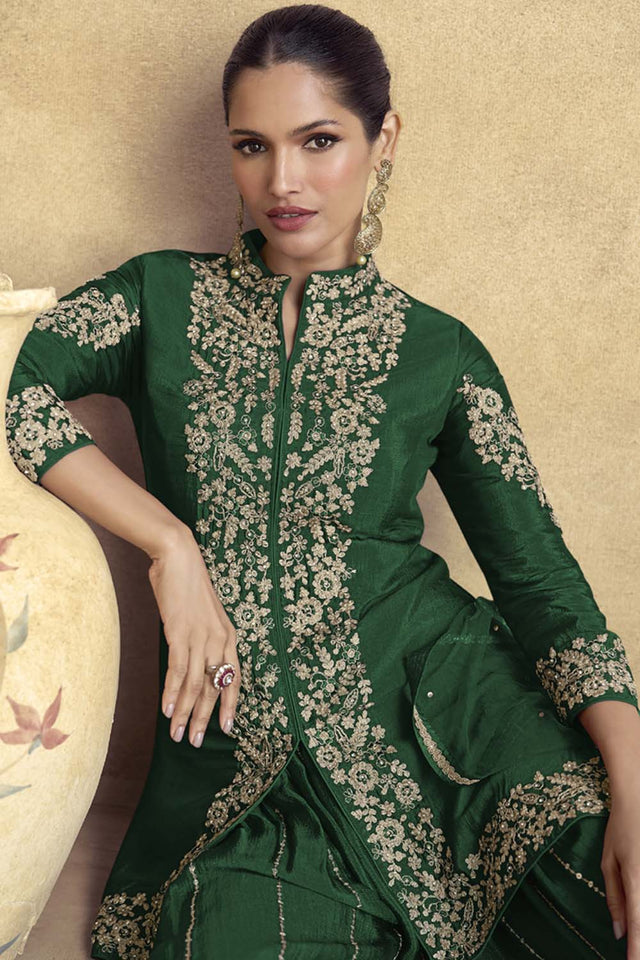 Dark Green Sequin with Embroidered Art Silk Sharara Suit Set