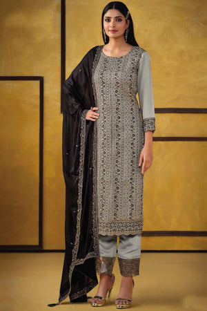Light Grey Silk Embroidered Round Neck Sharara Suit Set (vega alina-5423)