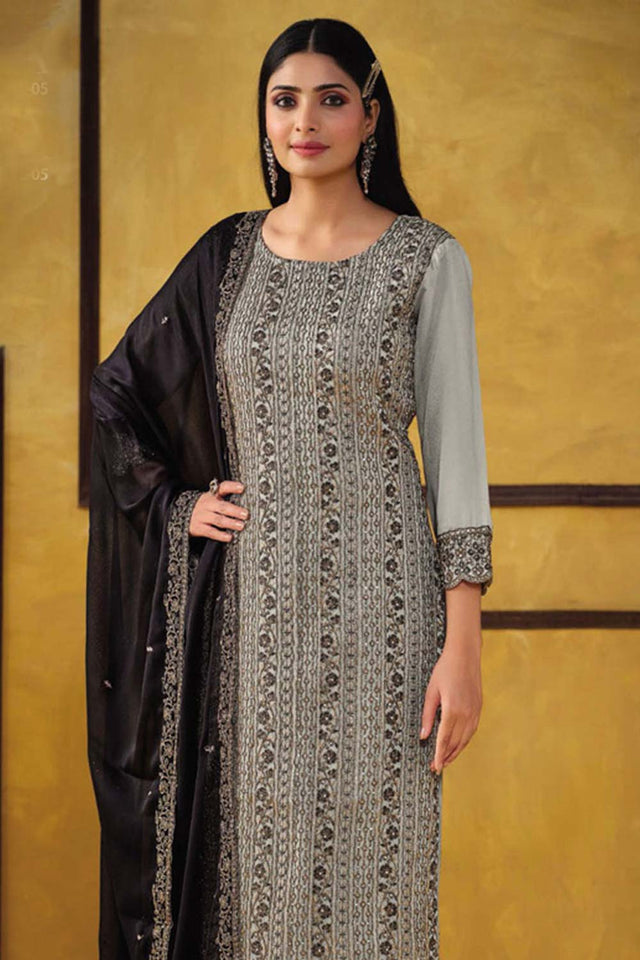 Light Grey Silk Embroidered Round Neck Sharara Suit Set (vega alina-5423)