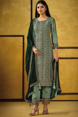 Light Green Silk Embroidered Round Neck Sharara Suit Set (vega alina-5424)