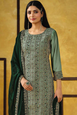 Light Green Silk Embroidered Round Neck Sharara Suit Set (vega alina-5424)