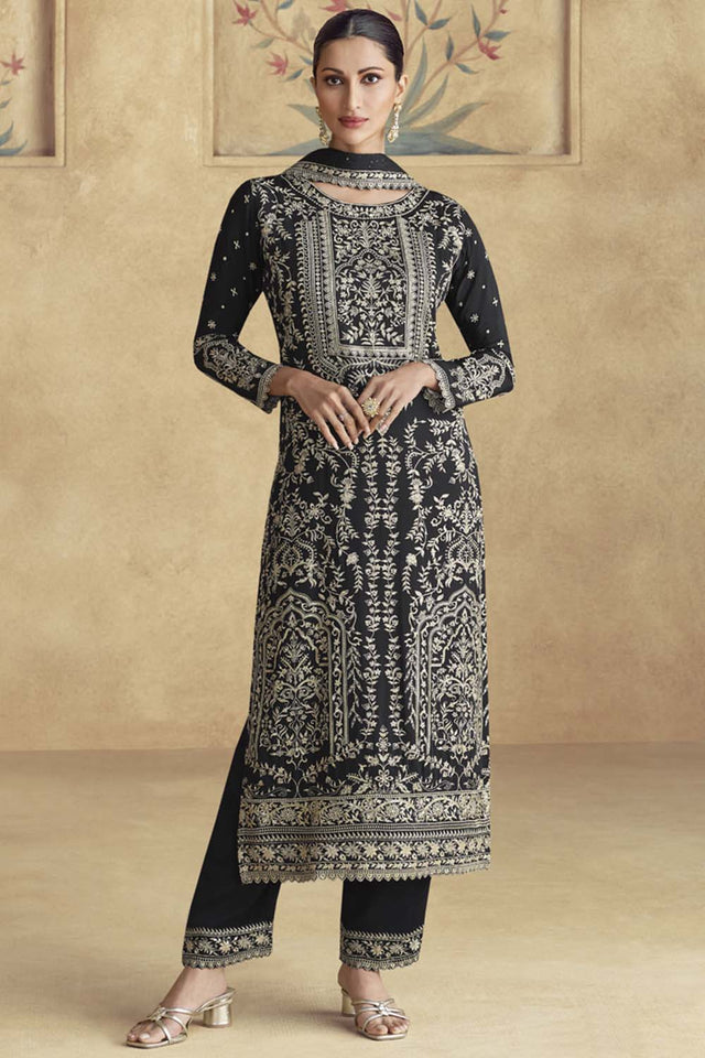Black Floral Embroidered Silk Pakistani Suit Set