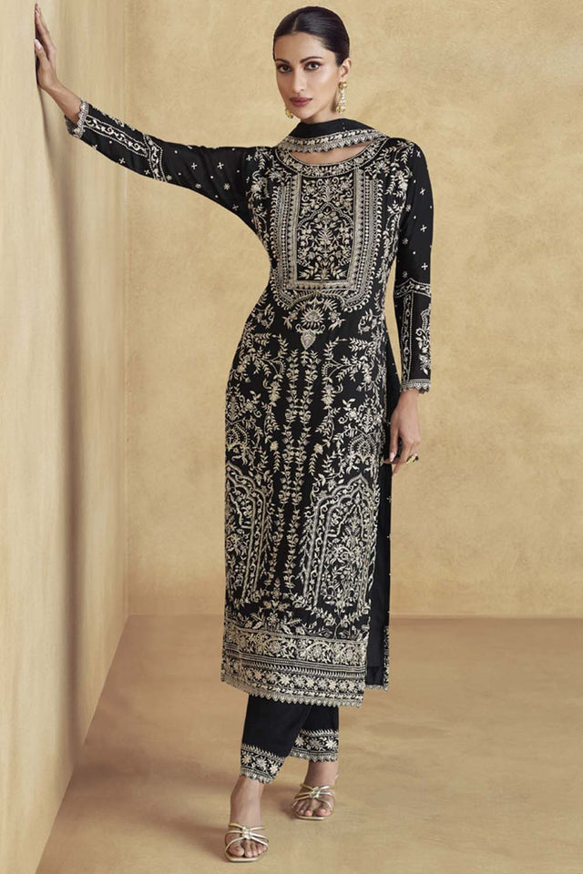 Black Floral Embroidered Silk Pakistani Suit Set