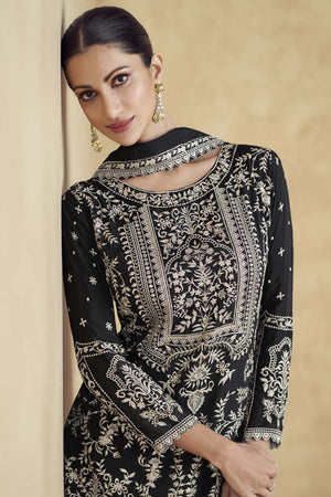 Black Floral Embroidered Silk Pakistani Suit Set