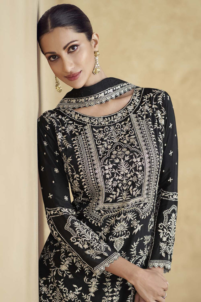 Black Floral Embroidered Silk Pakistani Suit Set