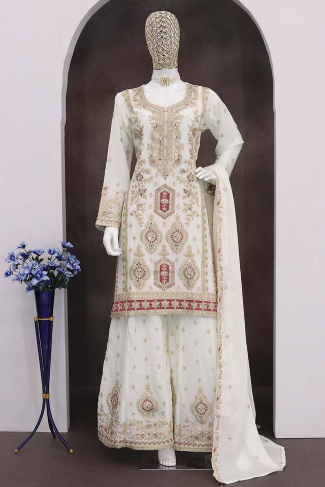 White Sequin with Embroidered Art Silk Pakistani Suit Set