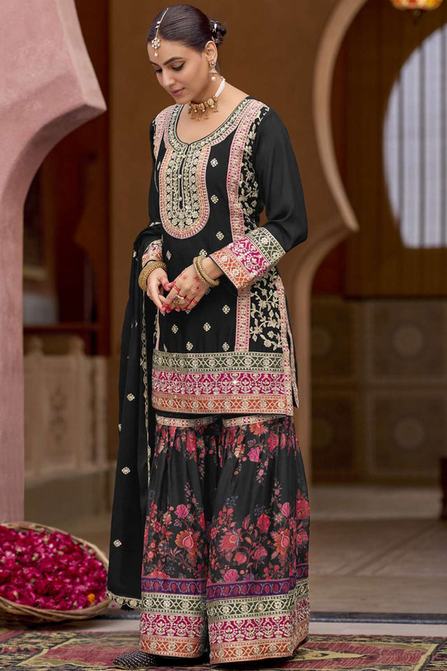 Black Embroidered Art Silk Sharara Suit Set (vega eba rang2-1841)