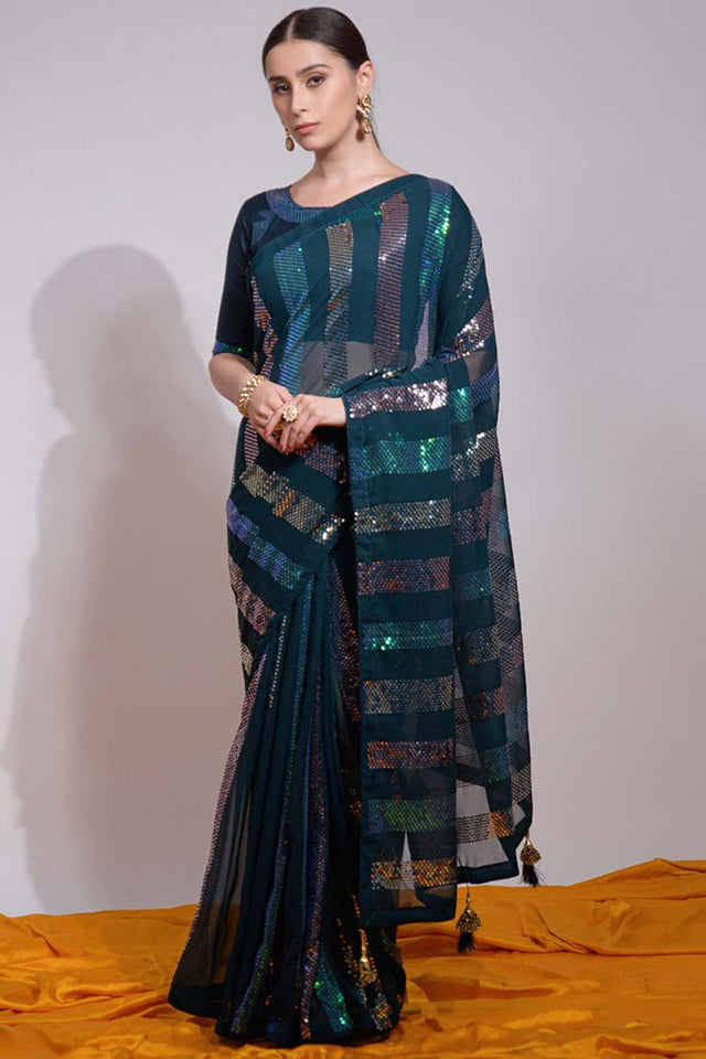 Teal Silk Embroidered  Saree (vega f -7003-C)