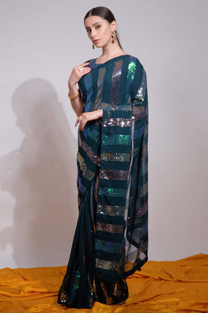 Teal Silk Embroidered  Saree (vega f -7003-C)