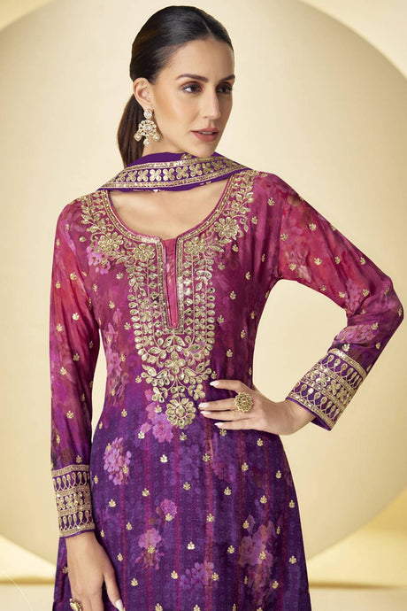 Violet Floral Embroidered Art Silk Sharara Suit Set