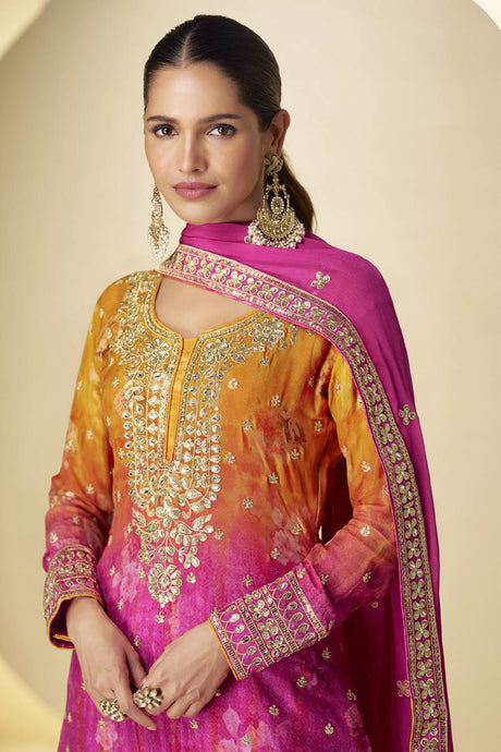 Pink Floral Embroidered Art Silk Sharara Suit Set