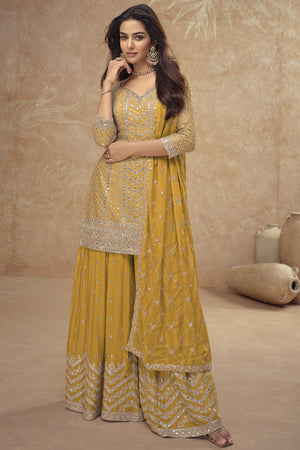 Mustard Sequin with Embroidered Silk Sharara Suit Set