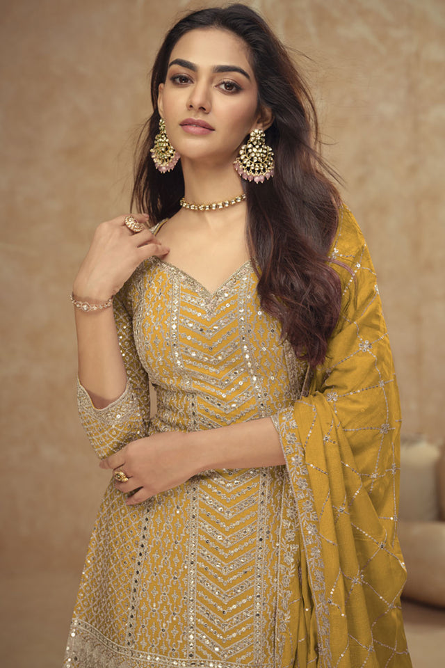 Mustard Sequin with Embroidered Silk Sharara Suit Set