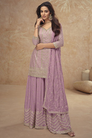 Pink Sequin with Embroidered Silk Sharara Suit Set