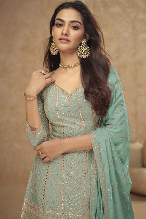 Light Green Sequin with Embroidered Silk Sharara Suit Set