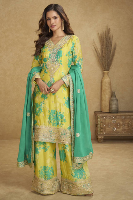 Yellow Floral Printed Art Silk Kurti Palazzo Set