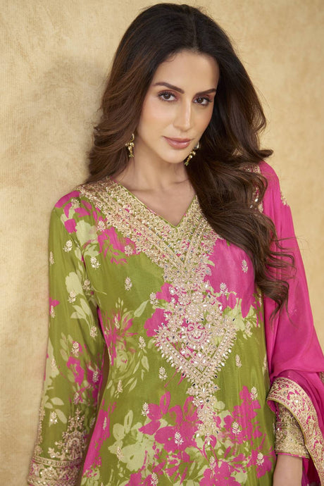 Mehendi Floral Printed Art Silk Kurti Palazzo Set