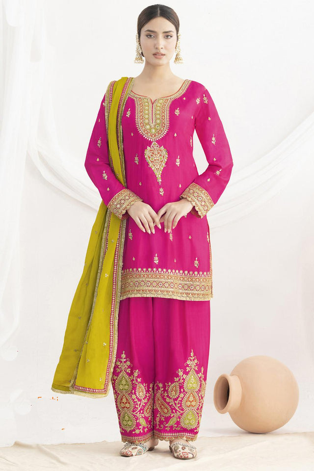 Pink Sequin with Floral Embroidered Art Silk Kurti Pant Set
