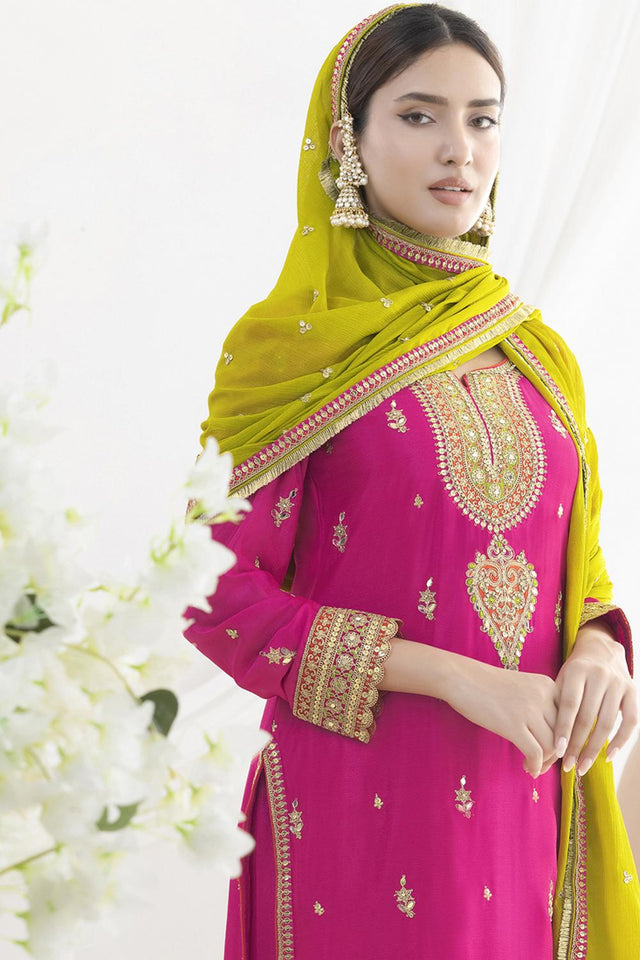 Pink Sequin with Floral Embroidered Art Silk Kurti Pant Set