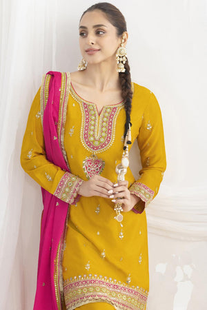 Yellow Sequin with Floral Embroidered Art Silk Kurti Pant Set