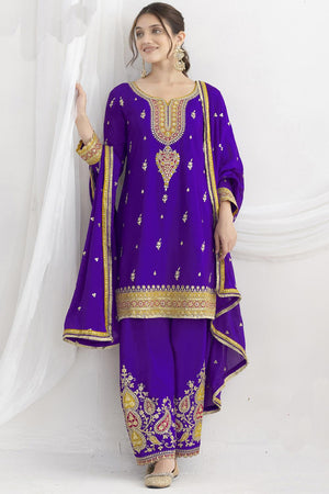 Violet Sequin with Floral Embroidered Art Silk Kurti Pant Set