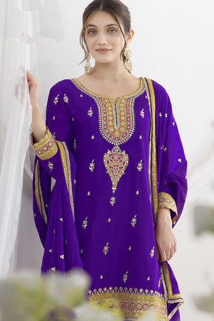 Violet Sequin with Floral Embroidered Art Silk Kurti Pant Set