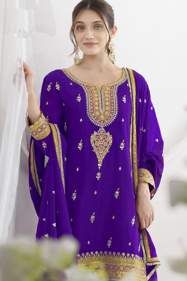 Violet Sequin with Floral Embroidered Art Silk Kurti Pant Set