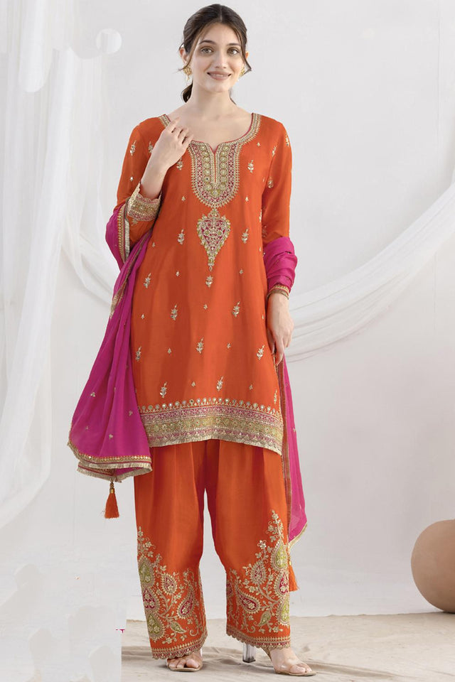 Orange Sequin with Floral Embroidered Art Silk Kurti Pant Set