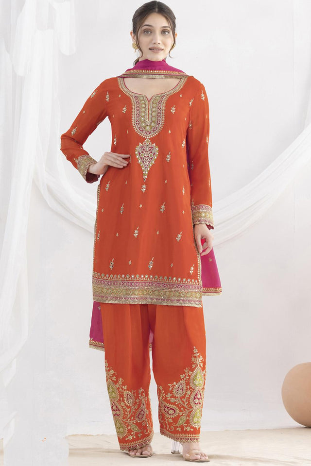 Orange Sequin with Floral Embroidered Art Silk Kurti Pant Set