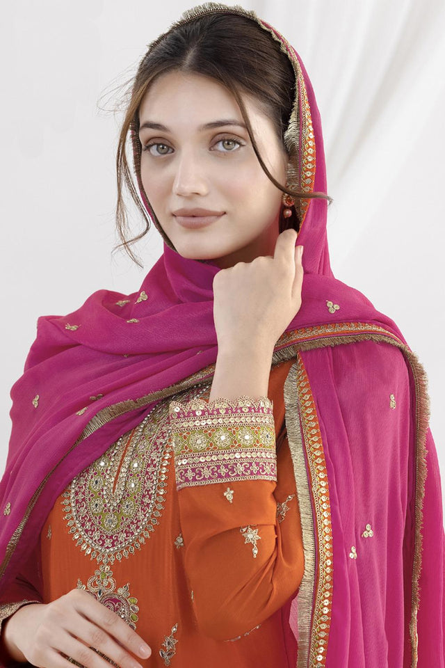 Orange Sequin with Floral Embroidered Art Silk Kurti Pant Set