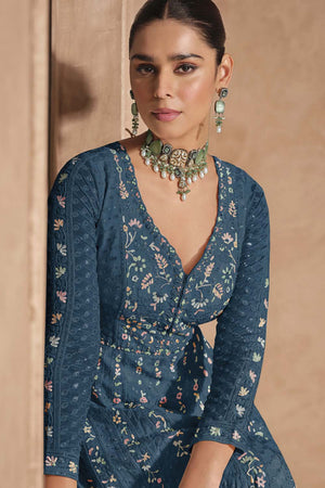 Blue Embroidered Silk Anarkali Suit Set (vega izhar-5678-b)