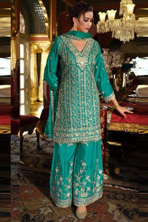 Turquoise Sequin with Floral Embroidered Art Silk Palazzo Suits (vega maaria-1191-a)