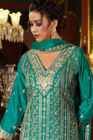 Turquoise Sequin with Floral Embroidered Art Silk Palazzo Suits (vega maaria-1191-a)
