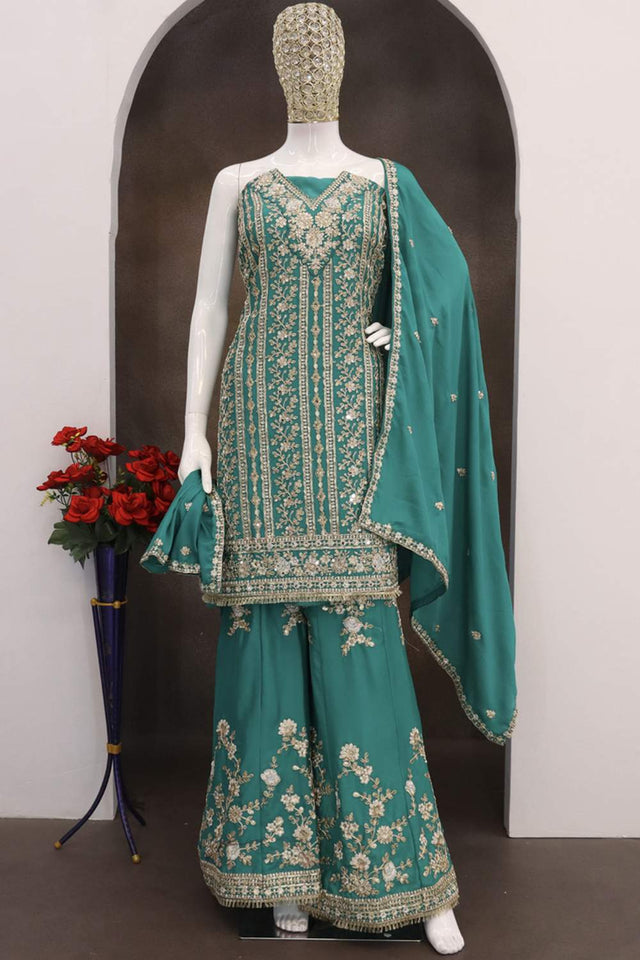 Turquoise Sequin with Floral Embroidered Art Silk Palazzo Suits (vega maaria-1191-a)