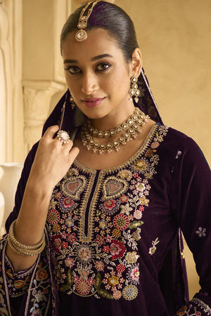 Wine Sequin with Embroidered Velvet Palazzo Suit Set