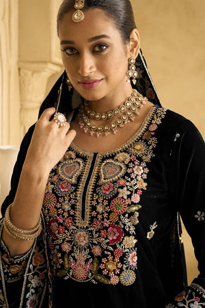 Black Sequin with Embroidered Velvet Palazzo Suit Set