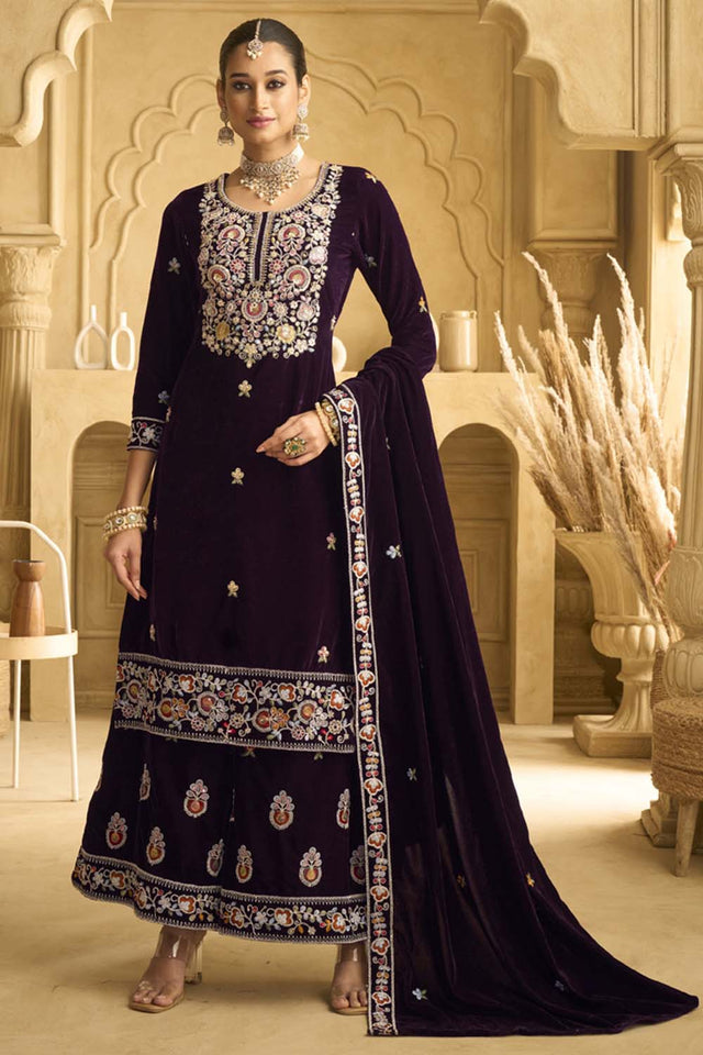 Wine Sequin with Embroidered Velvet Palazzo Suit Set