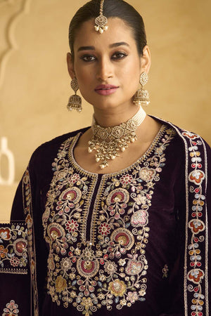 Wine Sequin with Embroidered Velvet Palazzo Suit Set